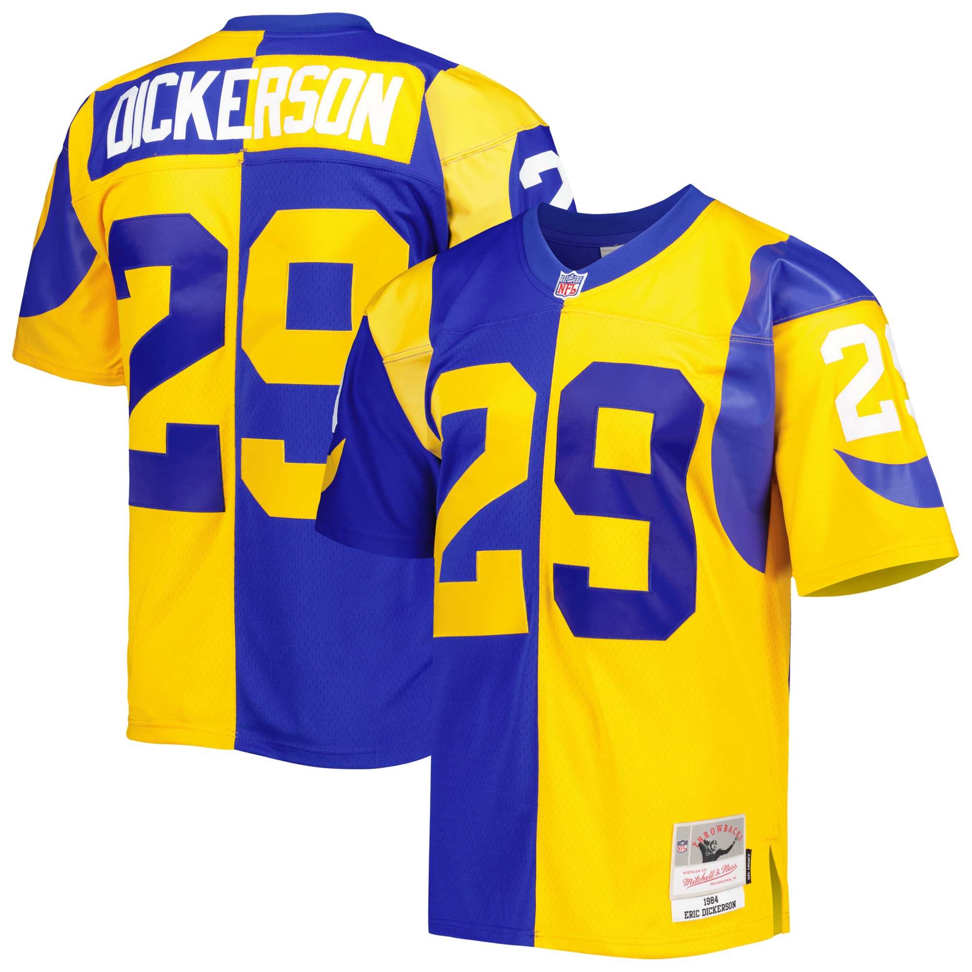 Men's Los Angeles Rams Eric Dickerson Mitchell & Ness Royal/Gold 1984 Split Legacy Jersey JS9194 nicesnker
