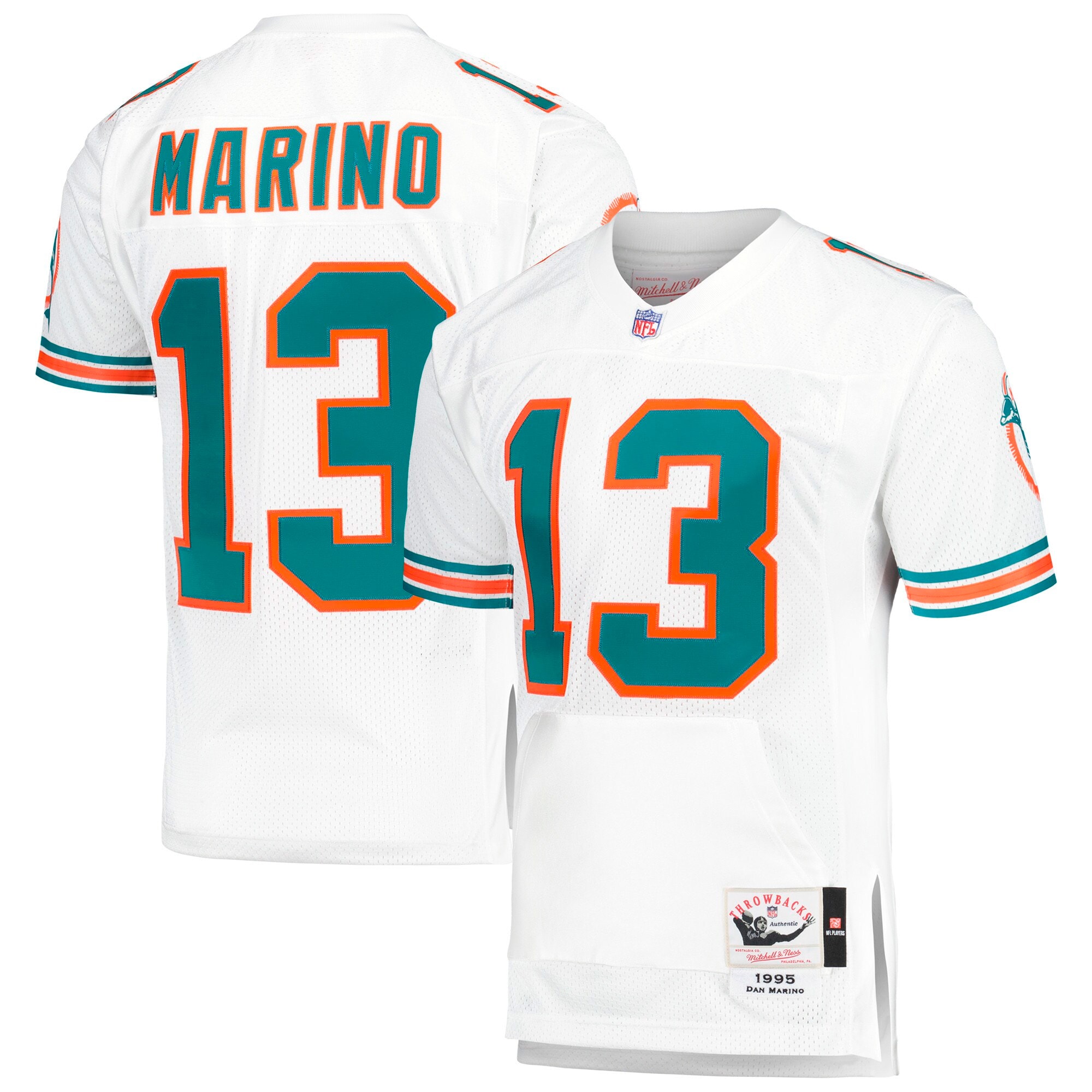 Men's Miami Dolphins 1995 Dan Marino Mitchell & Ness White Throwback Retired Player Pocket Jersey JS2301 nicesnker