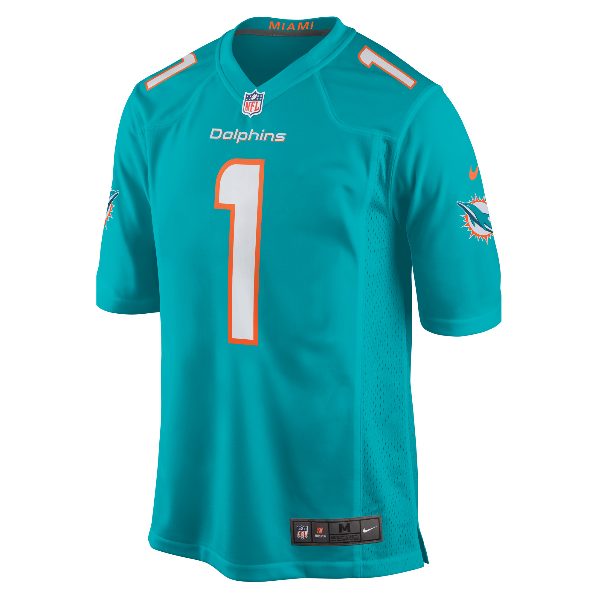 Alternative view of Men's Miami Dolphins Number 1 Groom Aqua Game Jersey JS5232 nicesnker