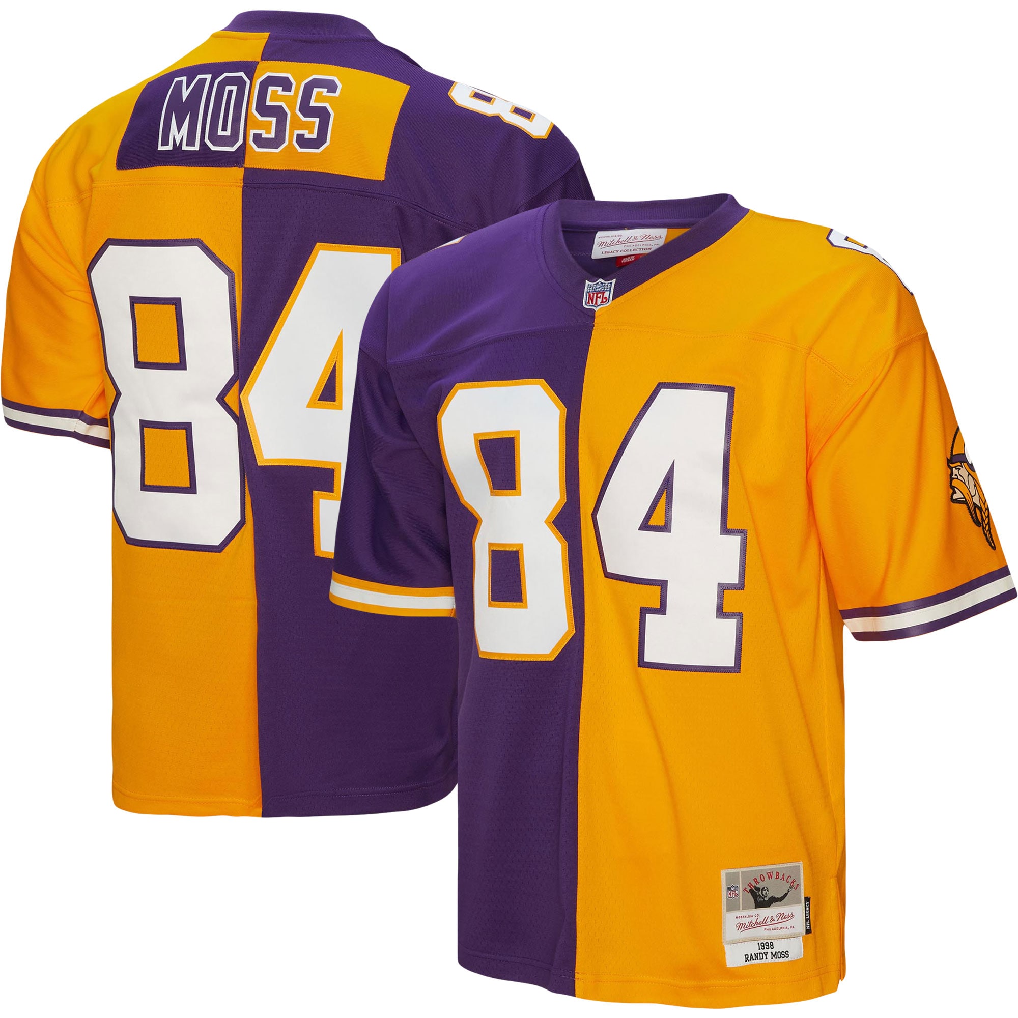 Men's Minnesota Vikings Randy Moss Mitchell & Ness Purple/Gold 1998 Split Legacy Jersey JS3821 nicesnker
