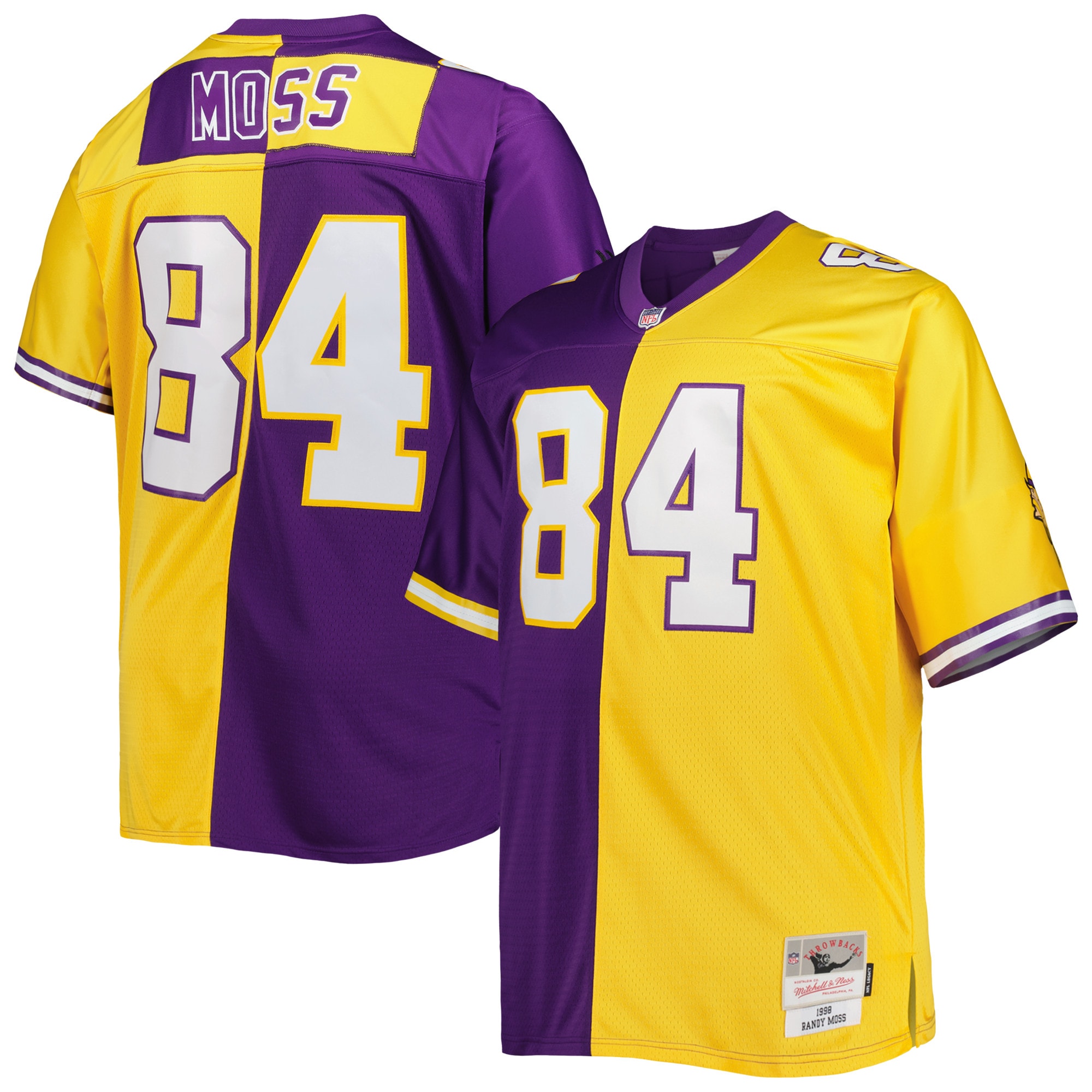 Men's Minnesota Vikings Randy Moss Mitchell & Ness Purple/Gold Big & Tall Split Legacy Retired Player Jersey JS3574 nicesnker