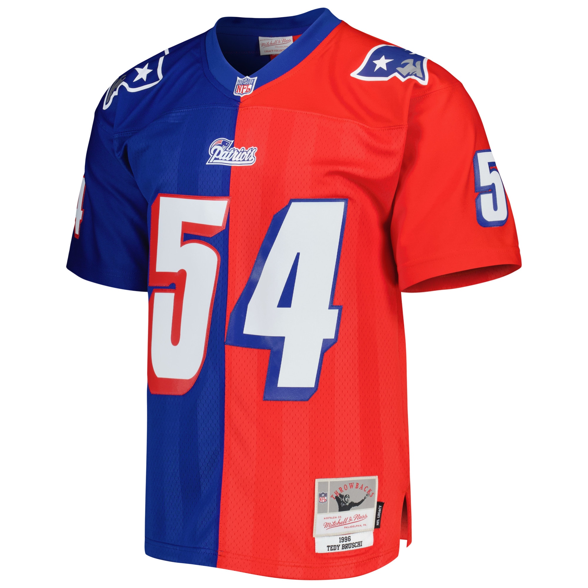 Alternative view of Men's New England Patriots Tedy Bruschi Mitchell & Ness Royal/Red 1996 Split Legacy Jersey JS2590 nicesnker