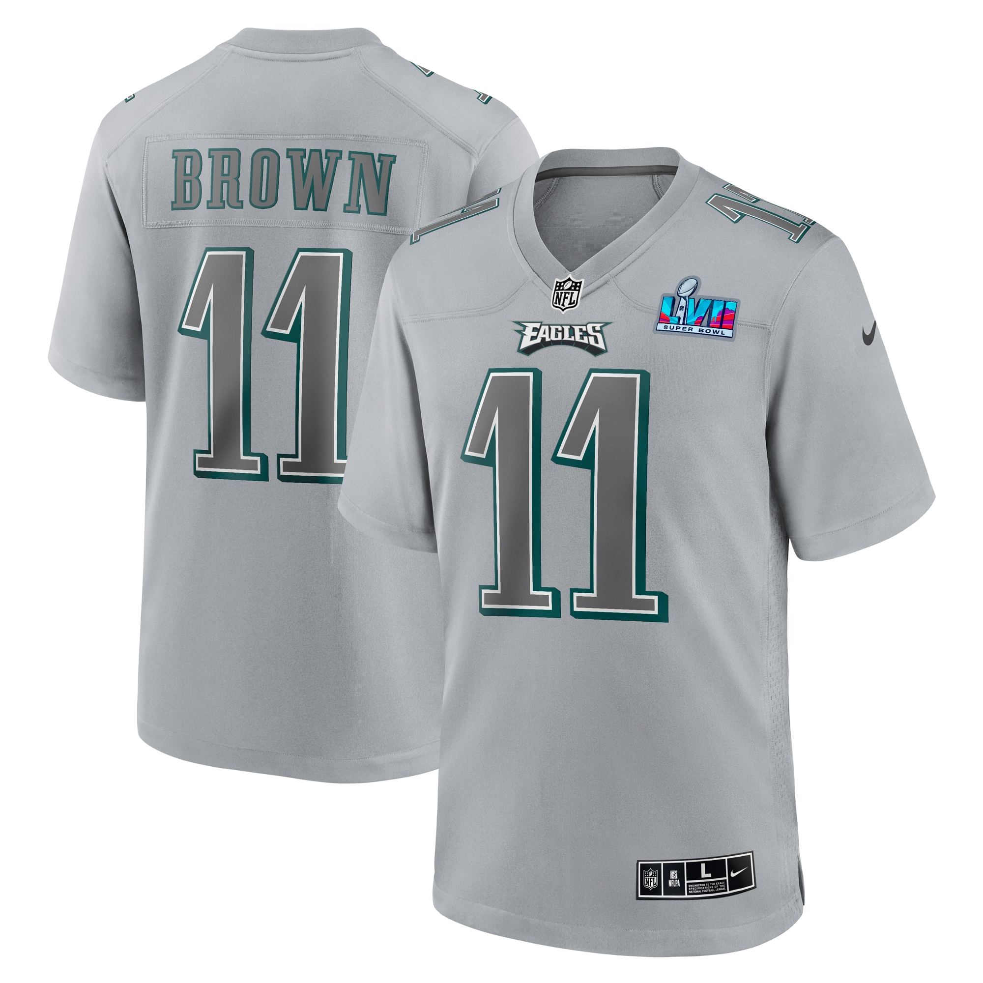 Men's Philadelphia Eagles A.J. Brown Gray Super Bowl LVII Patch Atmosphere Fashion Game Jersey JS1347 nicesnker