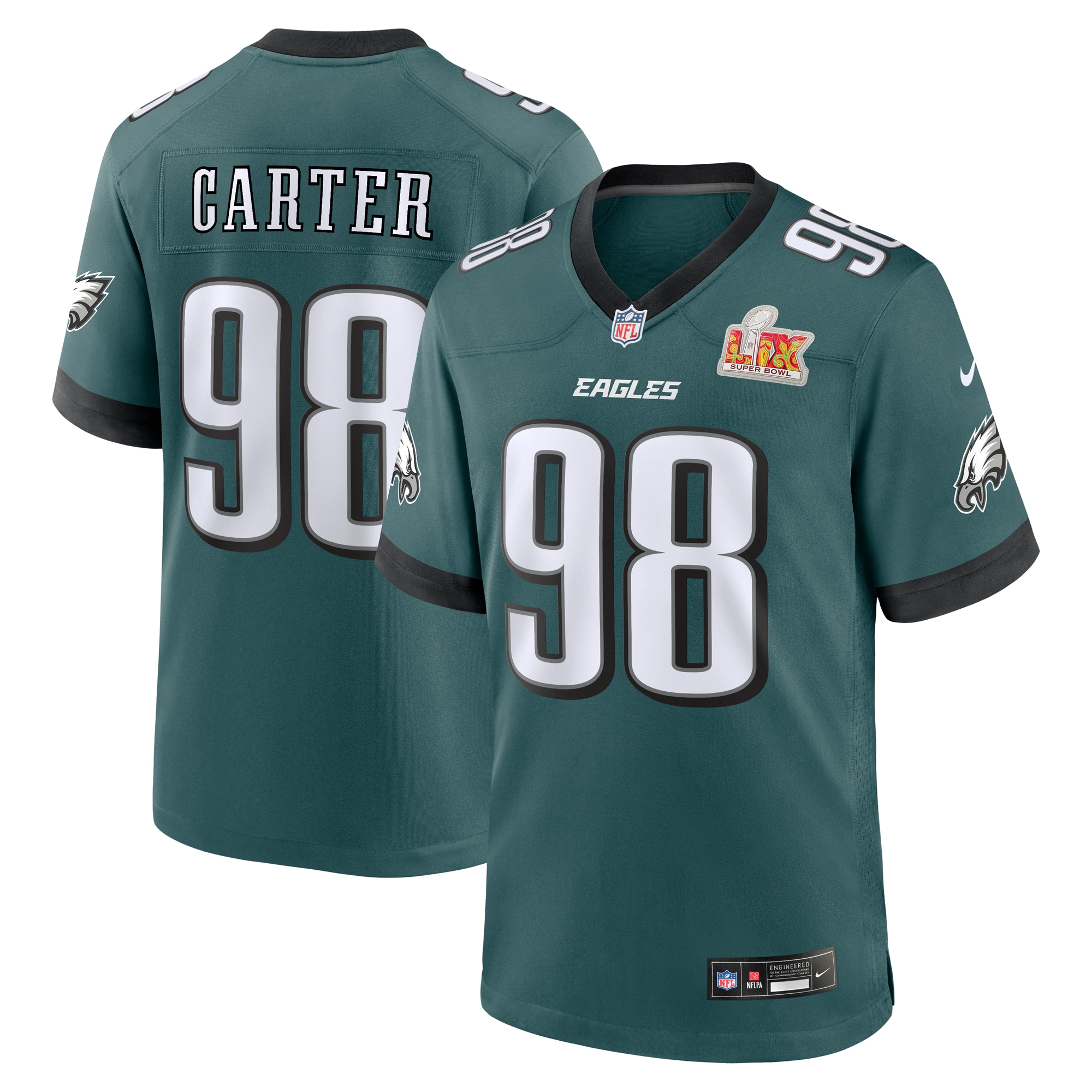 Men's Philadelphia Eagles Jalen Carter Midnight Green Super Bowl LIX Game Player Jersey JS7855 nicesnker