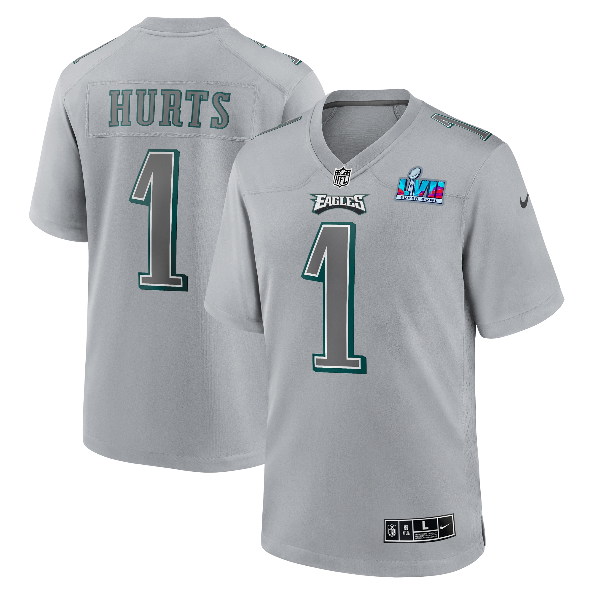 Men's Philadelphia Eagles Jalen Hurts Gray Super Bowl LVII Patch Atmosphere Fashion Game Jersey JS5891 nicesnker