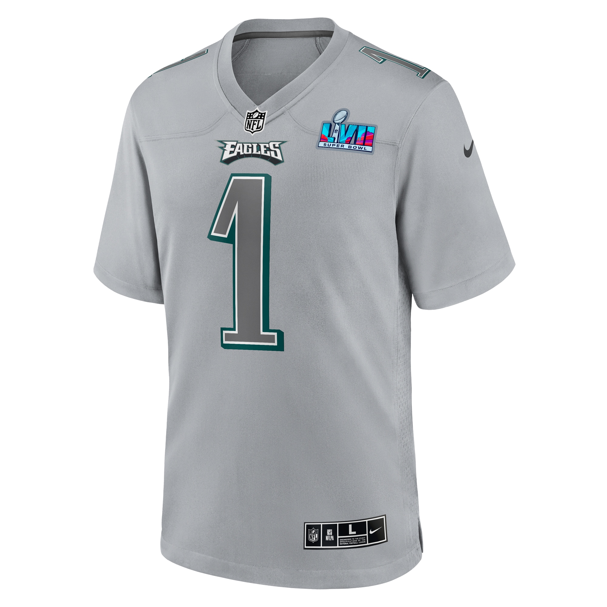 Alternative view of Men's Philadelphia Eagles Jalen Hurts Gray Super Bowl LVII Patch Atmosphere Fashion Game Jersey JS5891 nicesnker