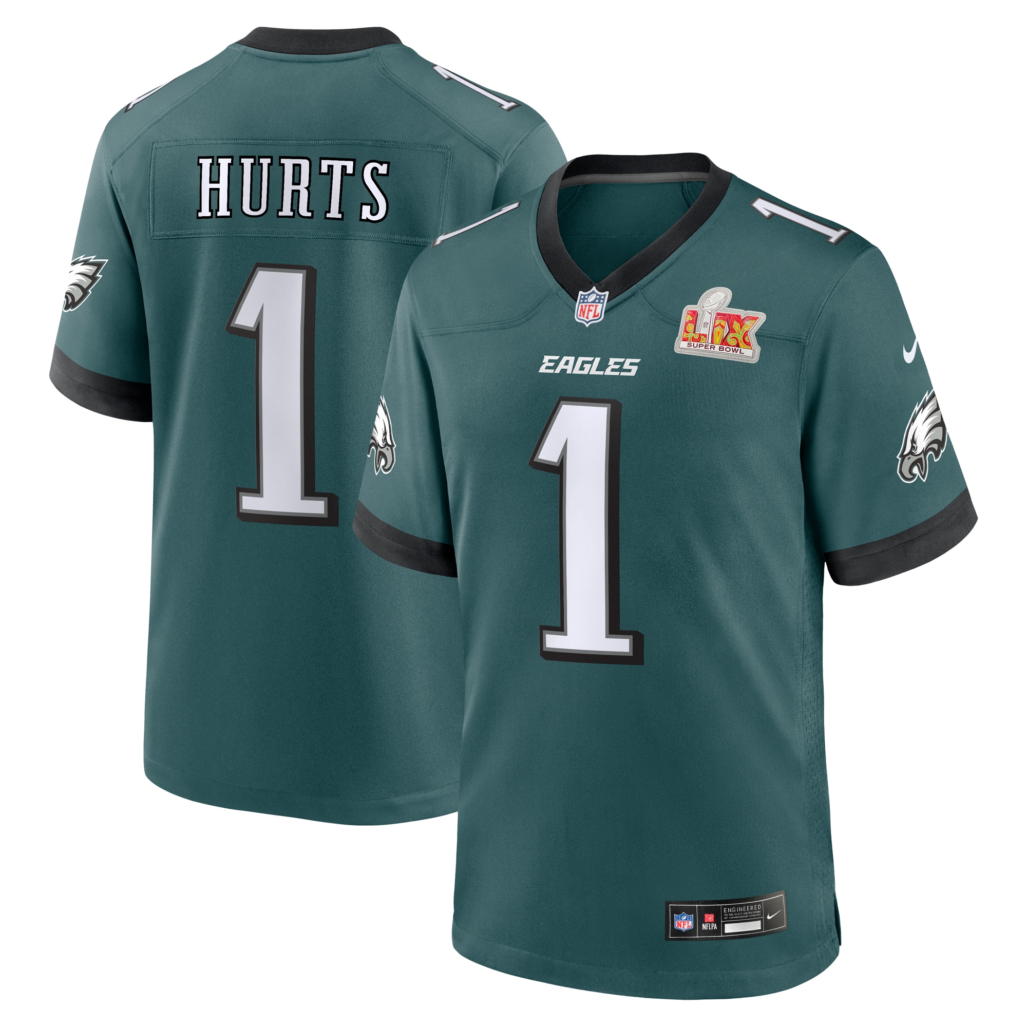Men's Philadelphia Eagles Jalen Hurts Midnight Green Super Bowl LIX Game Player Jersey JS1550 nicesnker