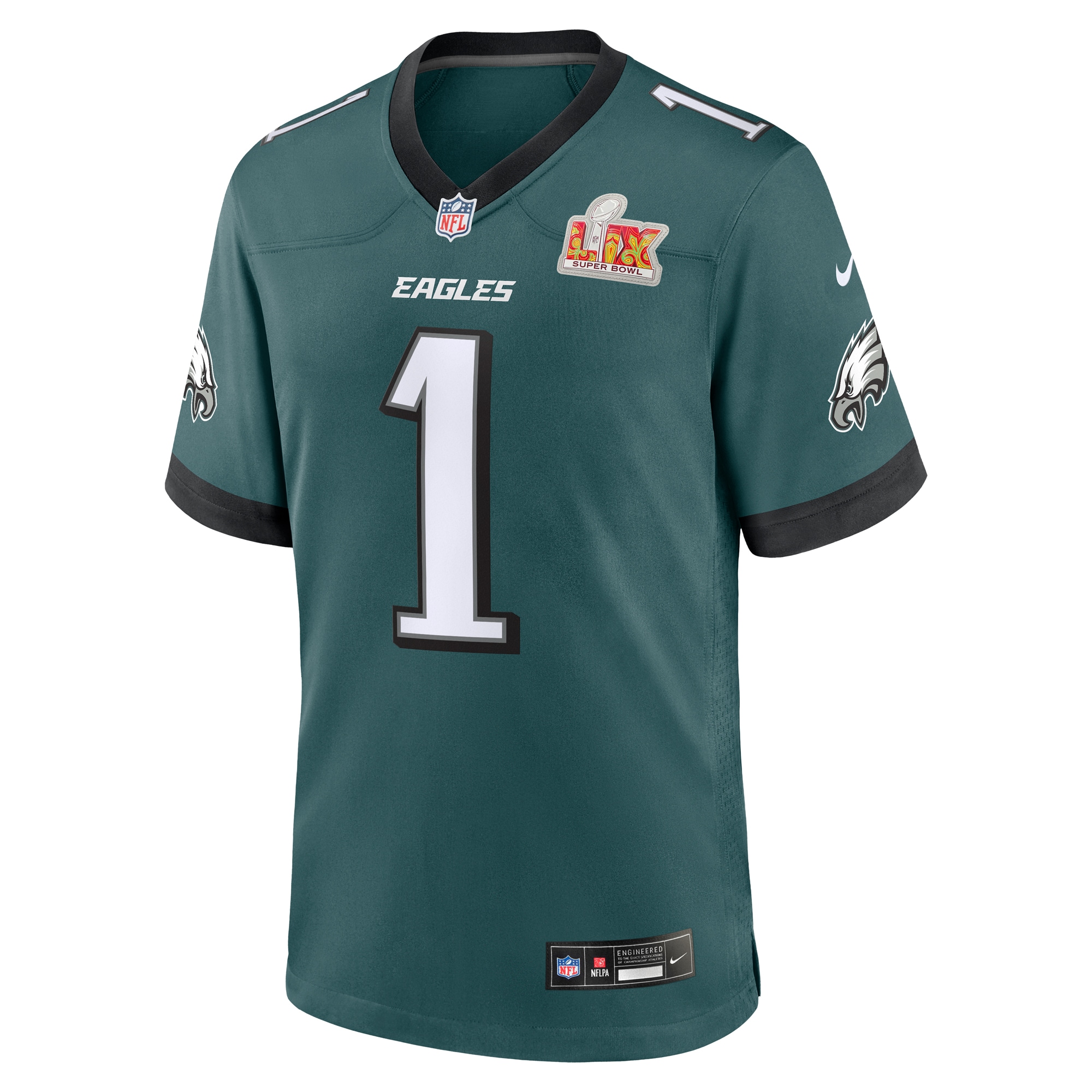 Alternative view of Men's Philadelphia Eagles Jalen Hurts Midnight Green Super Bowl LIX Game Player Jersey JS1550 nicesnker