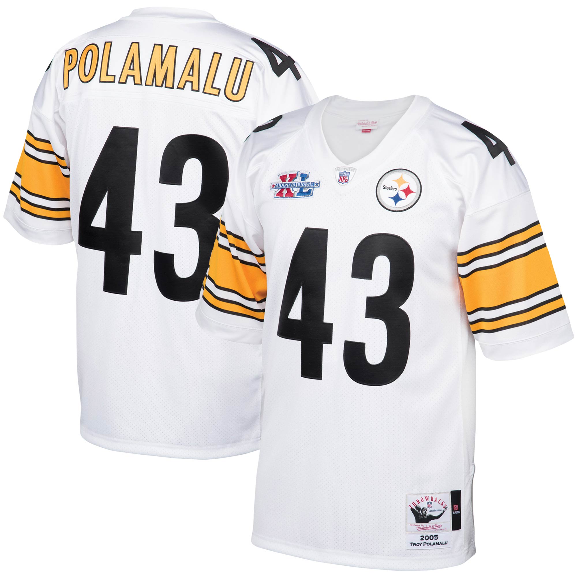 Men's Pittsburgh Steelers 2005 Troy Polamalu Mitchell & Ness White Throwback Retired Player Jersey JS4254 nicesnker