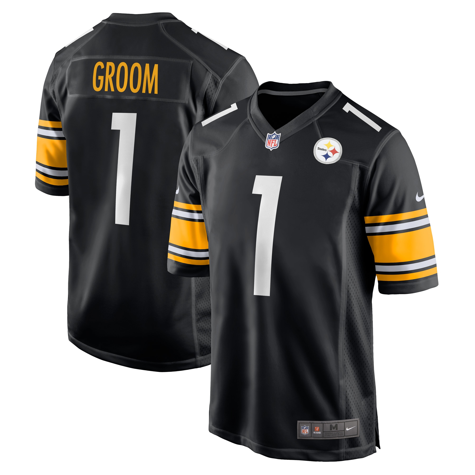 Men's Pittsburgh Steelers Number 1 Groom Black Game Jersey JS5733 nicesnker