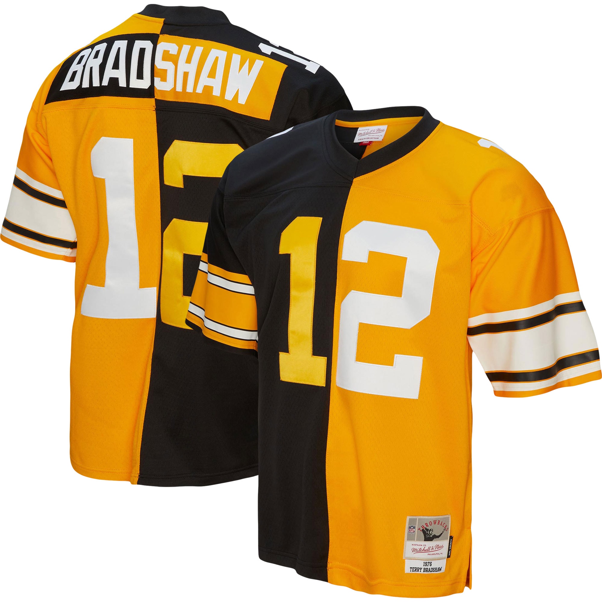 Men's Pittsburgh Steelers Terry Bradshaw Mitchell & Ness Black/Gold 1976 Split Legacy Jersey JS4091 nicesnker