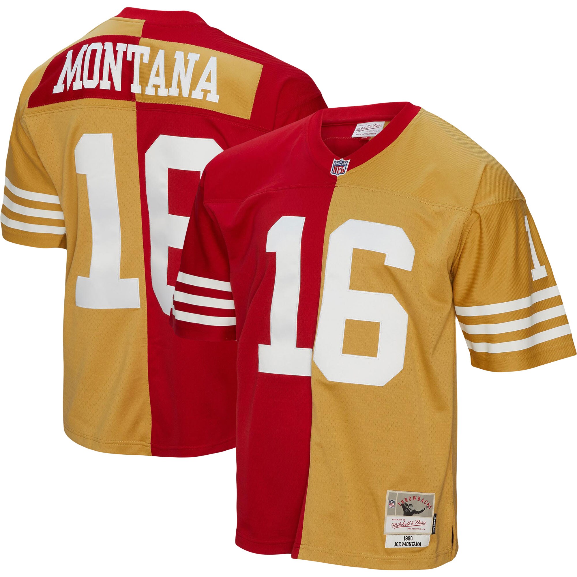 Men's San Francisco 49ers Joe Montana Mitchell & Ness Scarlet/Gold 1990 Split Legacy Jersey JS3202 nicesnker