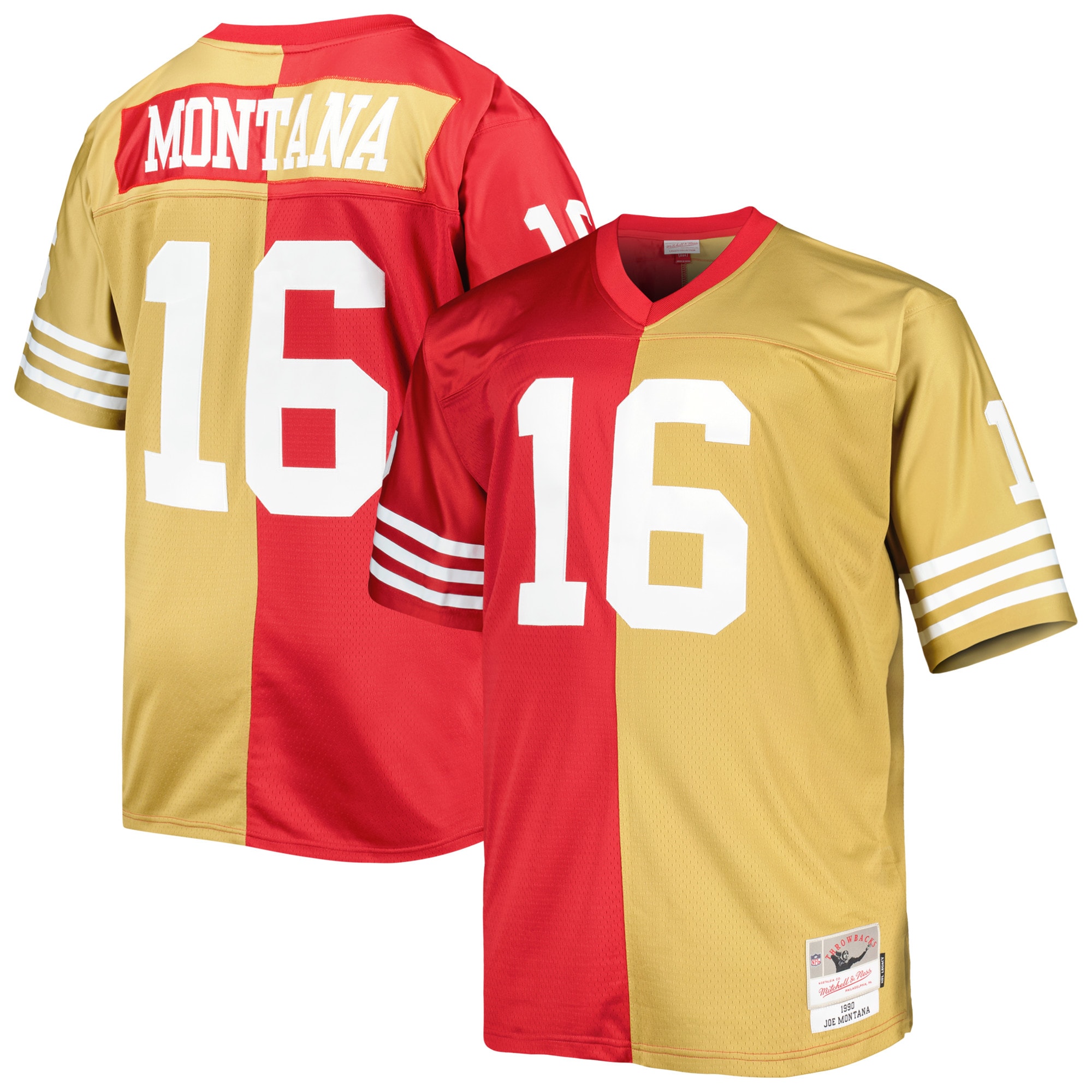 Men's San Francisco 49ers Joe Montana Mitchell & Ness Scarlet/Gold Big & Tall Split Legacy Retired Player Jersey JS9860 nicesnker