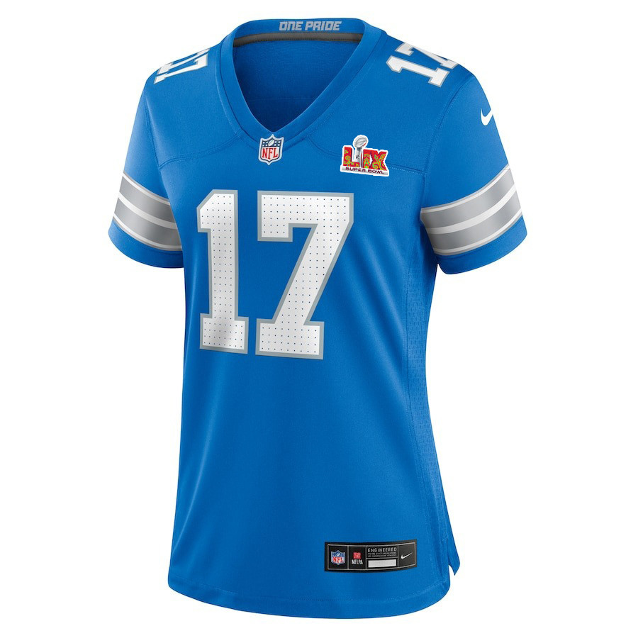 Alternative view of Michael Badgley #17 Detroit Lions Super Bowl LIX Women's Jersey - Blue JS5602 nicesnker