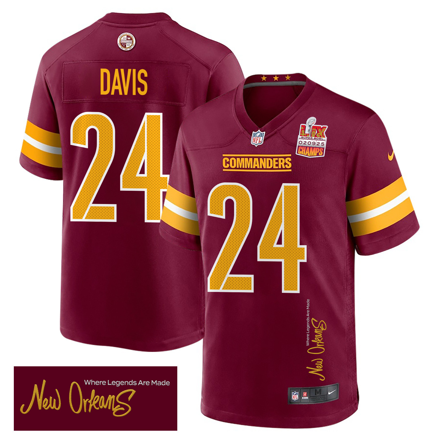 Michael Davis 24 Washington Commanders Super Bowl LIX Champions Patch 'New Orleans - Where Legends Are Made' EMBROIDERED Game Men Jersey - Burgundy JS7586 nicesnker