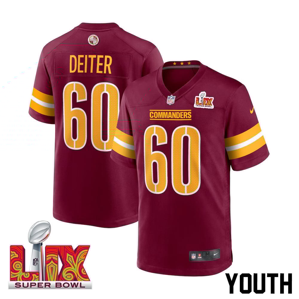 Michael Deiter #60 Washington Commanders Super Bowl LIX Youth Jersey - Burgundy JS8287 nicesnker