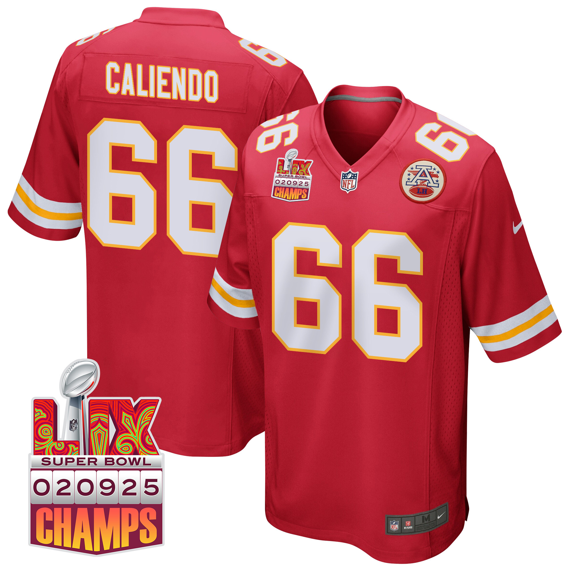 Mike Caliendo 66 Kansas City Chiefs Super Bowl LIX Champions Patch Game Men Jersey - Red JS2233 nicesnker
