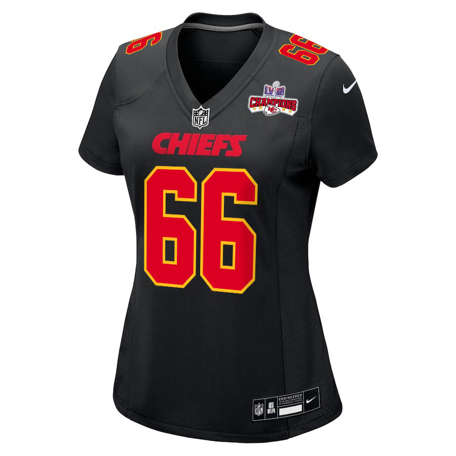 Alternative view of Mike Caliendo 66 Kansas City Chiefs Super Bowl LVIII Champions 4 Stars Patch Fashion Game Women Jersey - Carbon Black JS9426 nicesnker