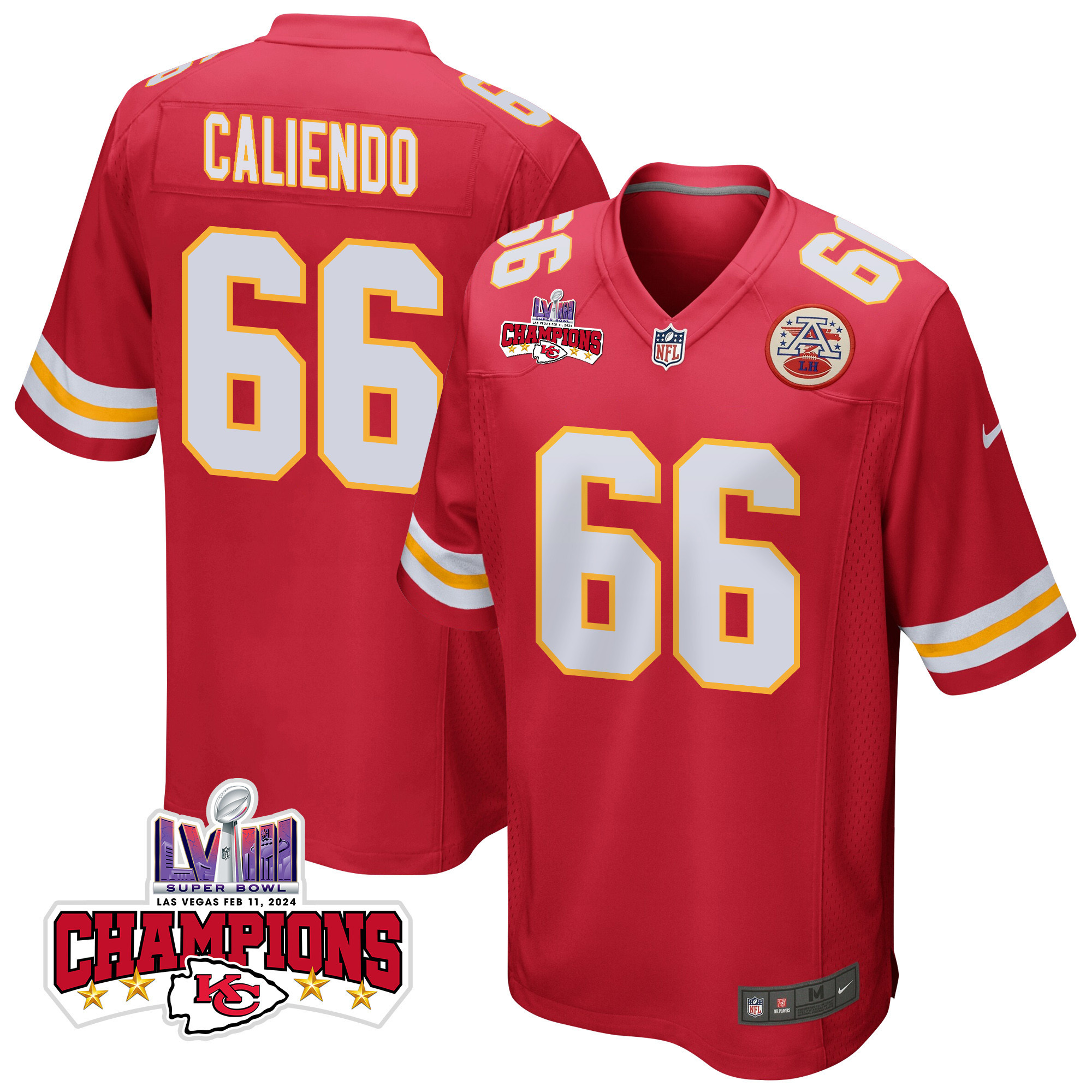 Mike Caliendo 66 Kansas City Chiefs Super Bowl LVIII Champions 4 Stars Patch Game Men Jersey - Red JS8201 nicesnker