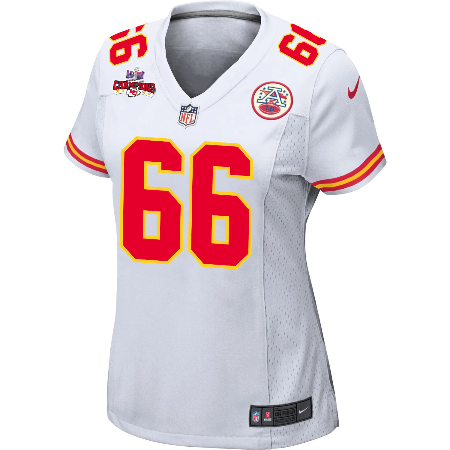 Alternative view of Mike Caliendo 66 Kansas City Chiefs Super Bowl LVIII Champions 4 Stars Patch Game Women Jersey - White JS8263 nicesnker