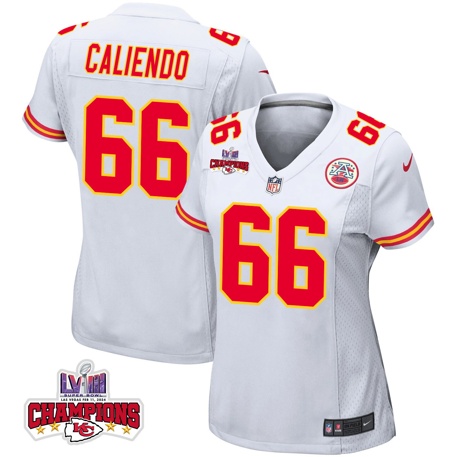 Mike Caliendo 66 Kansas City Chiefs Super Bowl LVIII Champions 4 Stars Patch Game Women Jersey - White JS8263 nicesnker