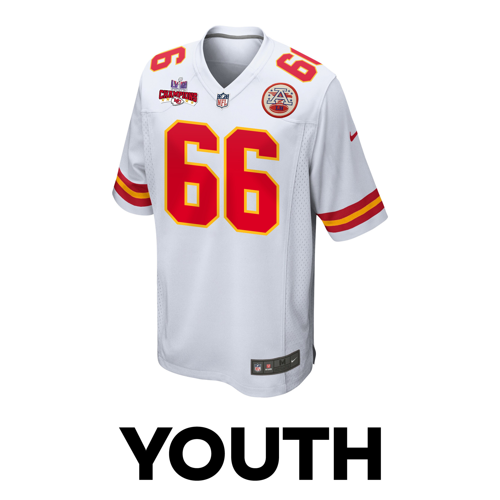 Alternative view of Mike Caliendo 66 Kansas City Chiefs Super Bowl LVIII Champions 4 Stars Patch Game YOUTH Jersey - White JS9716 nicesnker