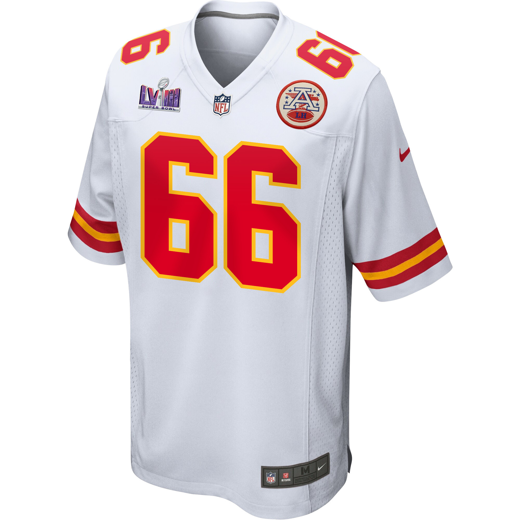 Alternative view of Mike Caliendo 66 Kansas City Chiefs Super Bowl LVIII Patch Game Men Jersey - White JS5546 nicesnker