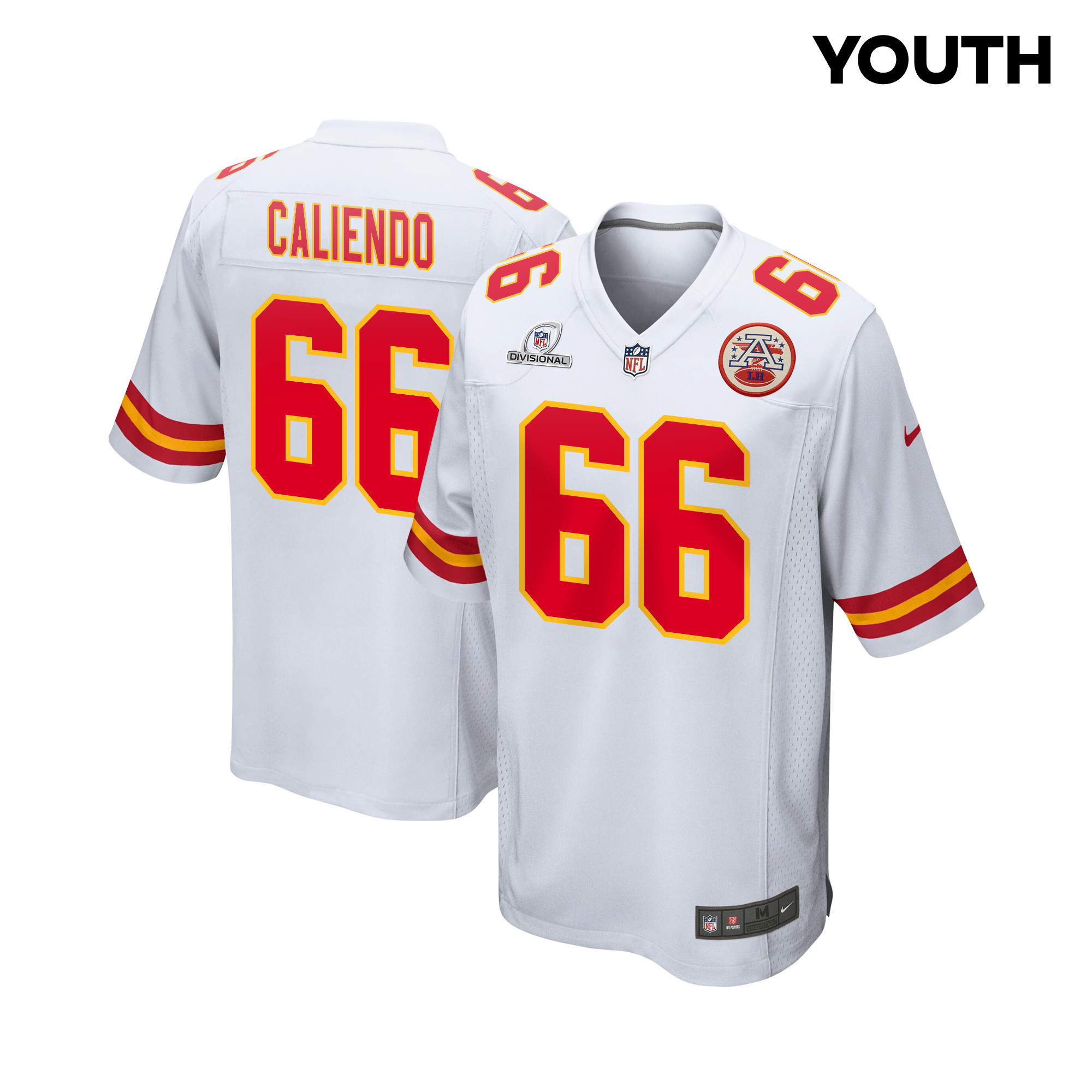 Mike Caliendo 66 Kansas City Chiefs Super Bowl LVIII Patch Game YOUTH Jersey - White JS5769 nicesnker