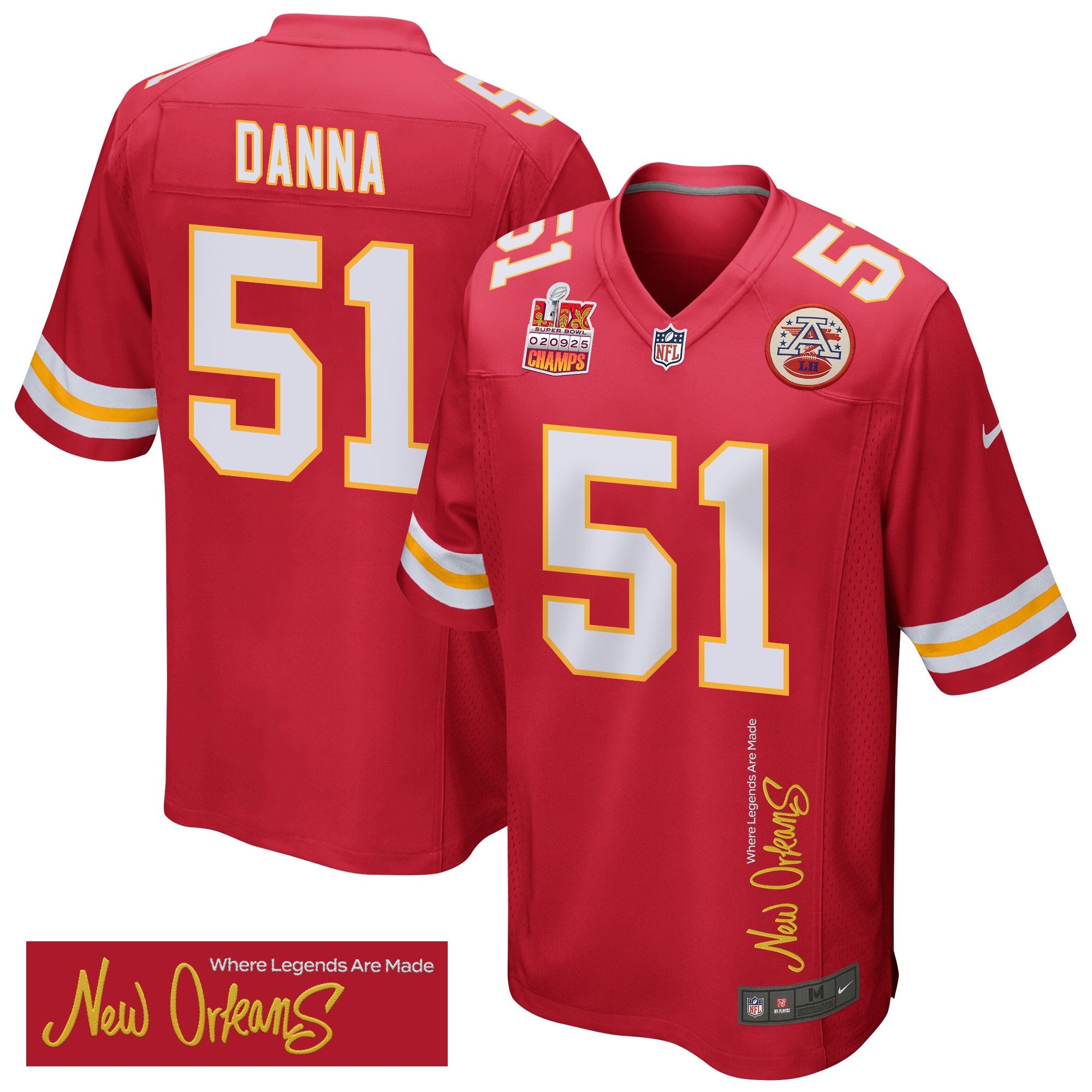 Mike Danna 51 Kansas City Chiefs Super Bowl LIX Champions Patch 'New Orleans - Where Legends Are Made' EMBROIDERED Game Men Jersey - Red JS3378 nicesnker