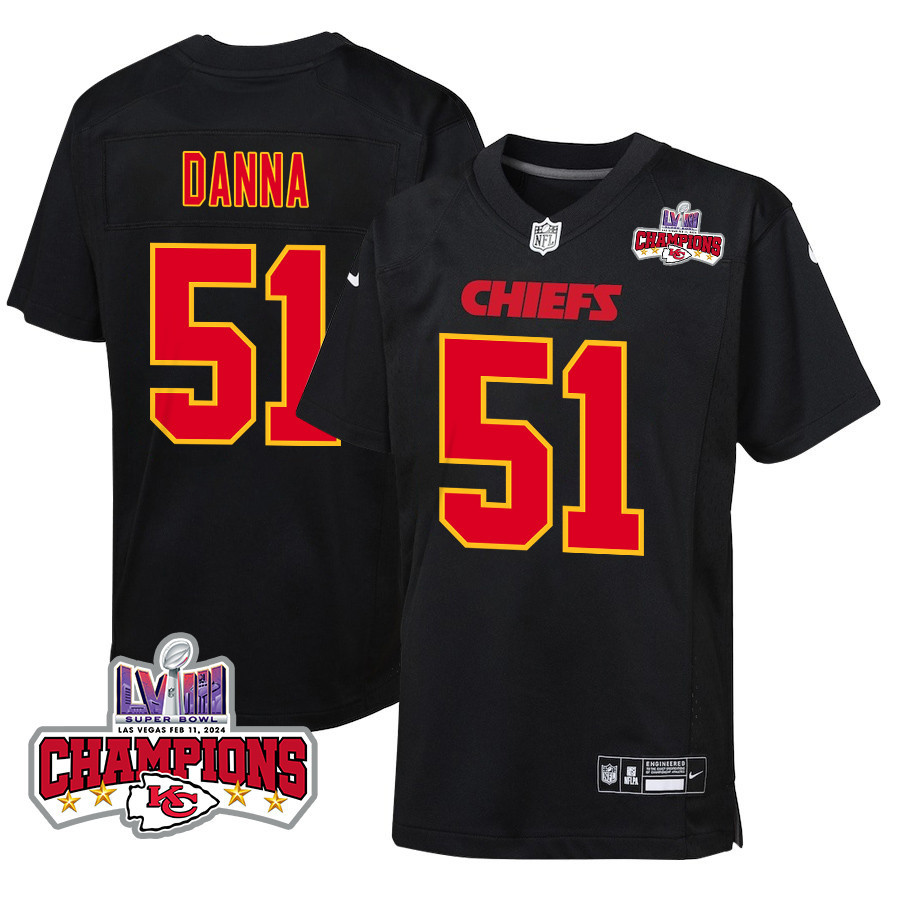 Mike Danna 51 Kansas City Chiefs Super Bowl LVIII Champions 4 Stars Patch Fashion Game YOUTH Jersey - Carbon Black JS6976 nicesnker