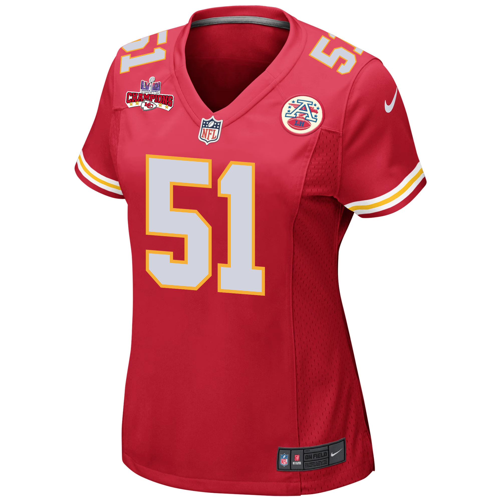 Alternative view of Mike Danna 51 Kansas City Chiefs Super Bowl LVIII Champions 4 Stars Patch Game Women Jersey - Red JS2798 nicesnker