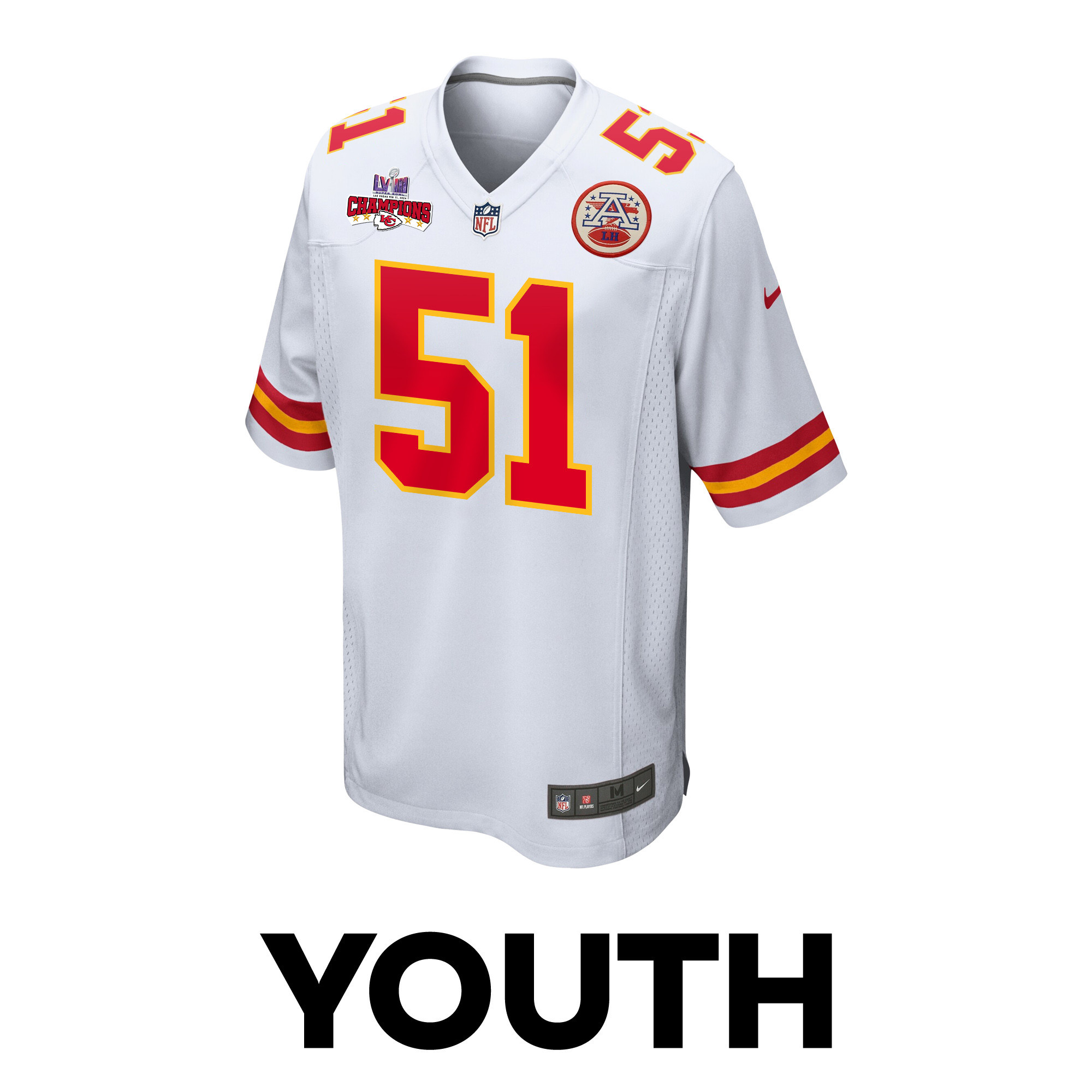 Alternative view of Mike Danna 51 Kansas City Chiefs Super Bowl LVIII Champions 4 Stars Patch Game YOUTH Jersey - White JS8978 nicesnker
