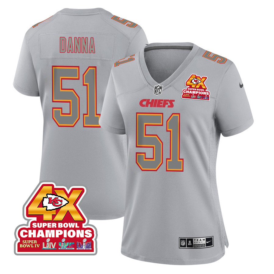 Mike Danna 51 Kansas City Chiefs Super Bowl LVIII Champions 4X Atmosphere Fashion Game Women Jersey - Gray JS6535 nicesnker