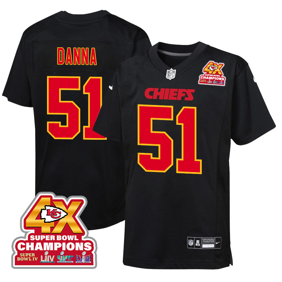 Mike Danna 51 Kansas City Chiefs Super Bowl LVIII Champions 4X Fashion Game YOUTH Jersey - Carbon Black JS8782 nicesnker