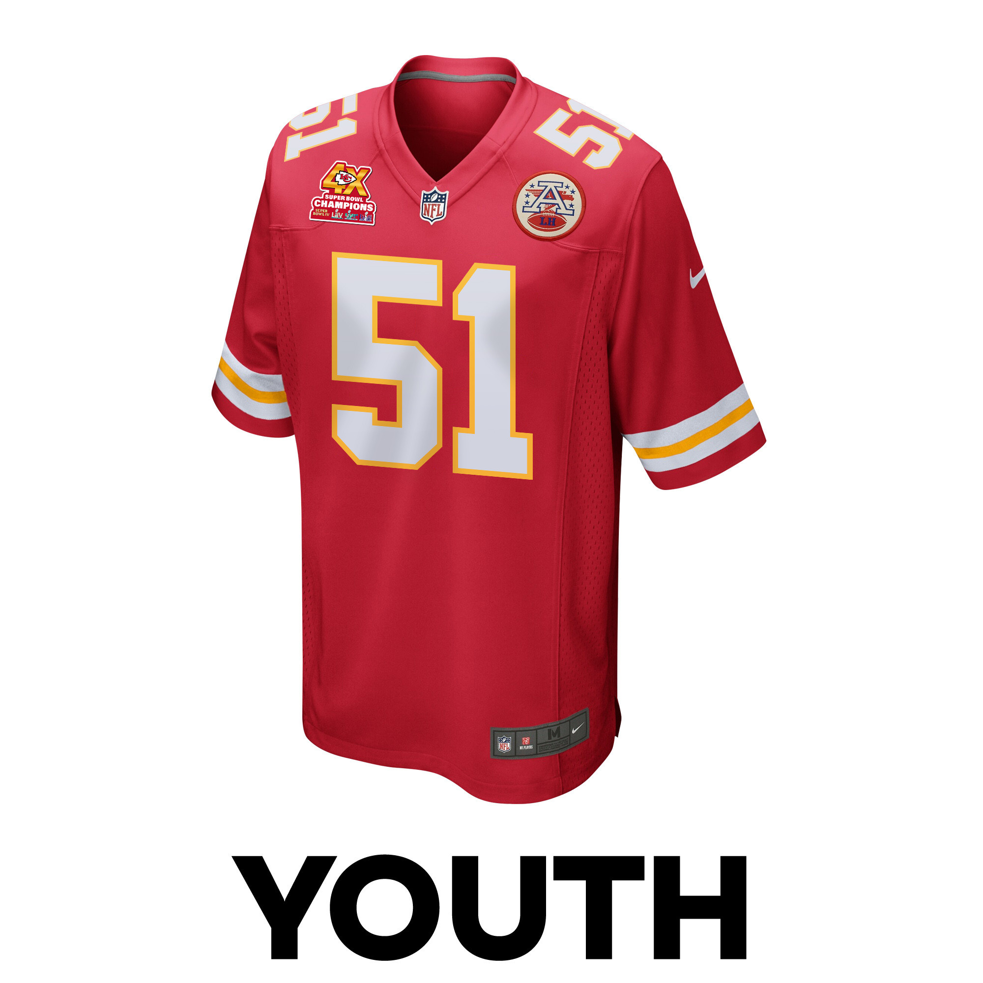 Alternative view of Mike Danna 51 Kansas City Chiefs Super Bowl LVIII Champions 4X Game YOUTH Jersey - Red JS6091 nicesnker