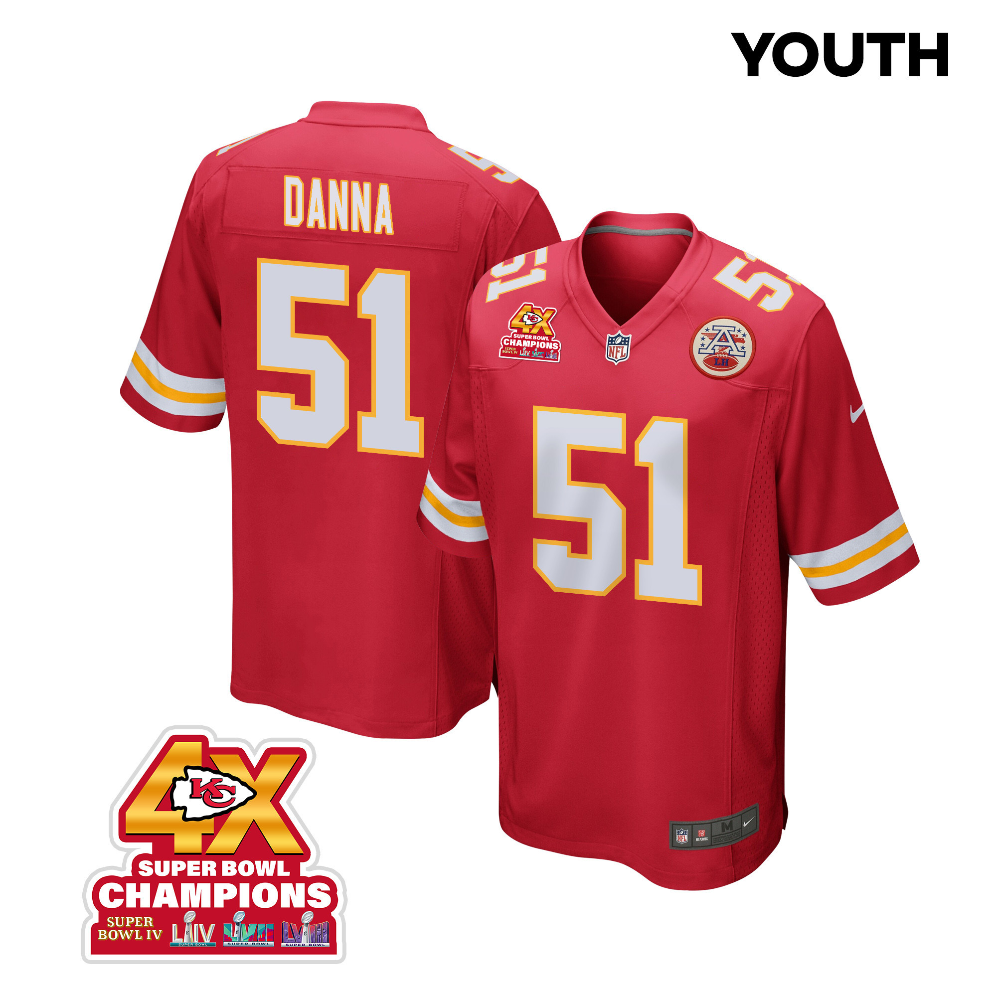 Mike Danna 51 Kansas City Chiefs Super Bowl LVIII Champions 4X Game YOUTH Jersey - Red JS6091 nicesnker
