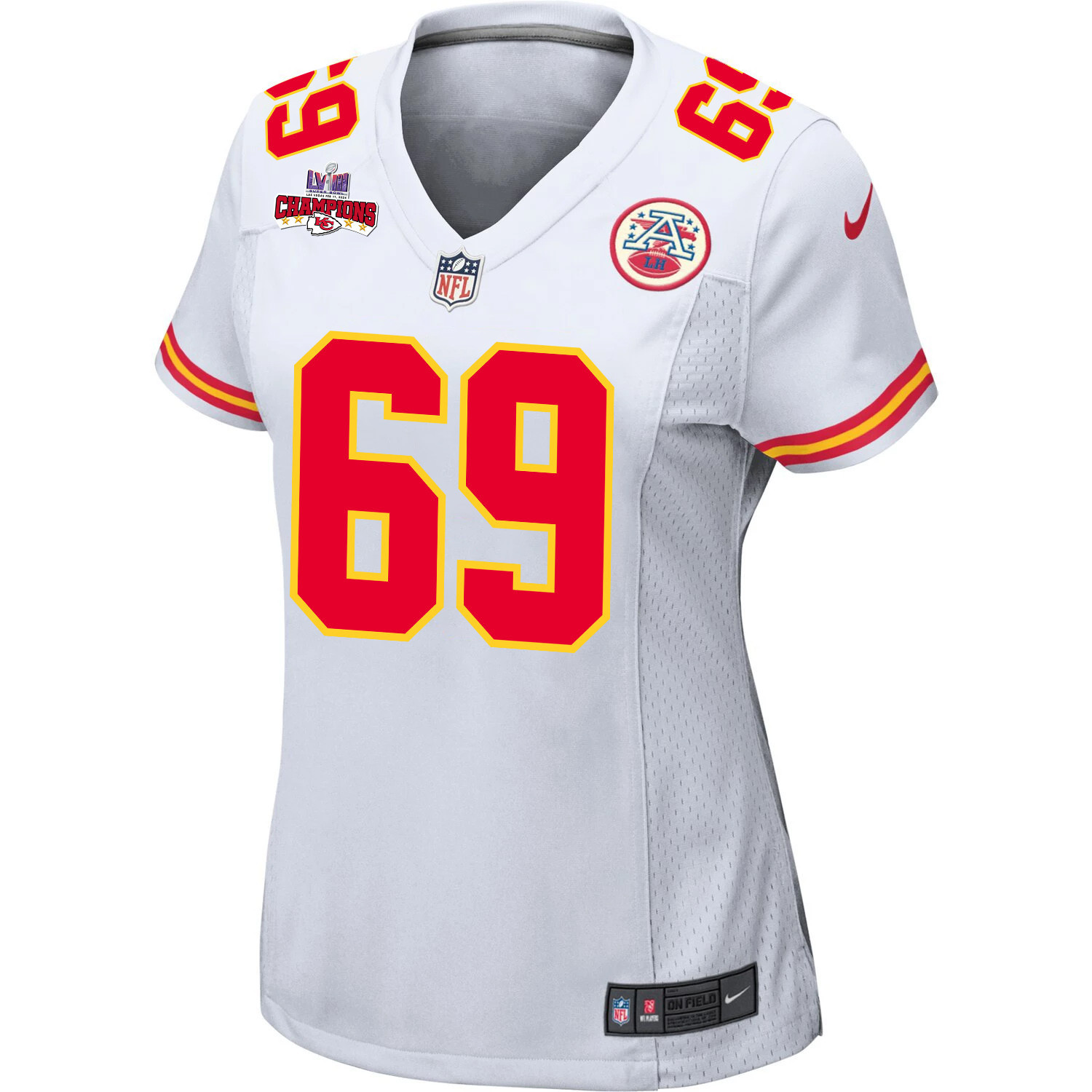 Alternative view of Mike Pennel 69 Kansas City Chiefs Super Bowl LVIII Champions 4 Stars Patch Game Women Jersey - White JS9095 nicesnker