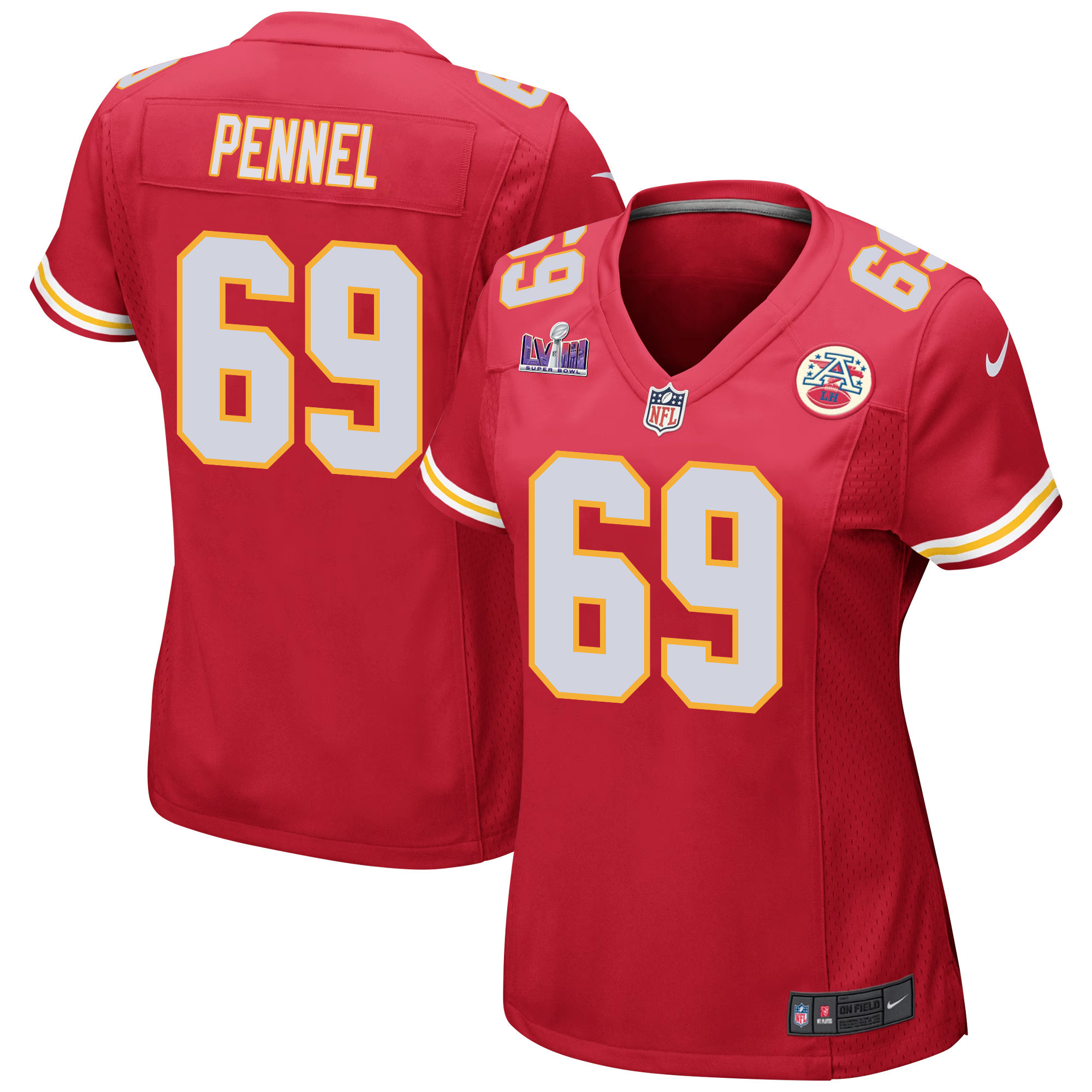 Mike Pennel 69 Kansas City Chiefs Super Bowl LVIII Patch Game Women Jersey - Red JS2892 nicesnker