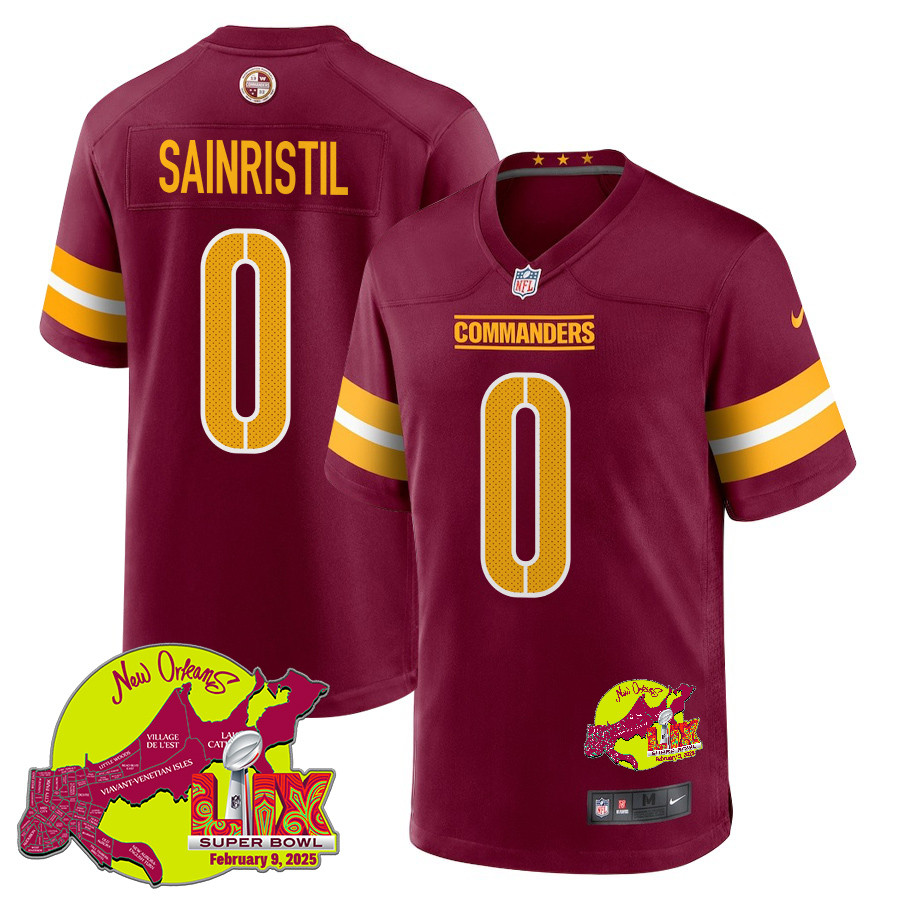 Mike Sainristil 0 Washington Commanders Super Bowl LIX New Orleans Patch Game Men Jersey - Burgundy JS5627 nicesnker