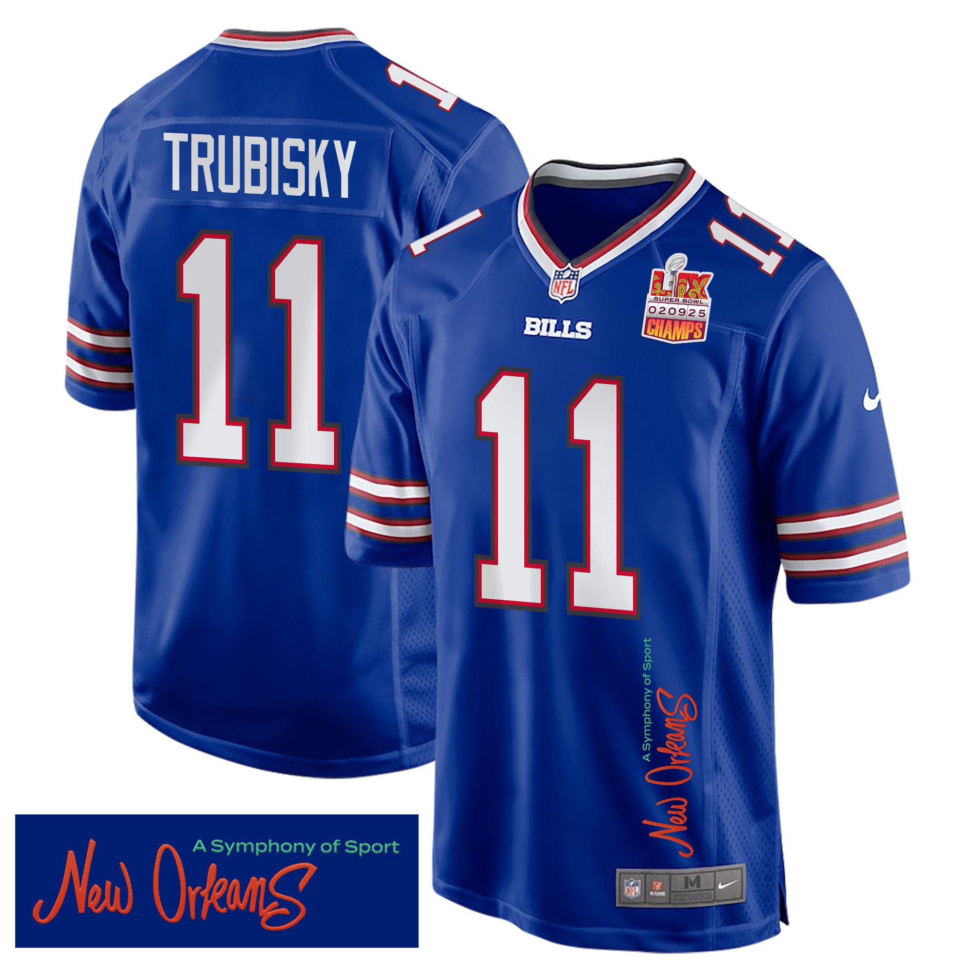 Mitchell Trubisky 11 Buffalo Bills Super Bowl LIX Champions Patch 'New Orleans - A Symphony of Sport' EMBROIDERED Game Men Jersey - Royal JS4057 nicesnker