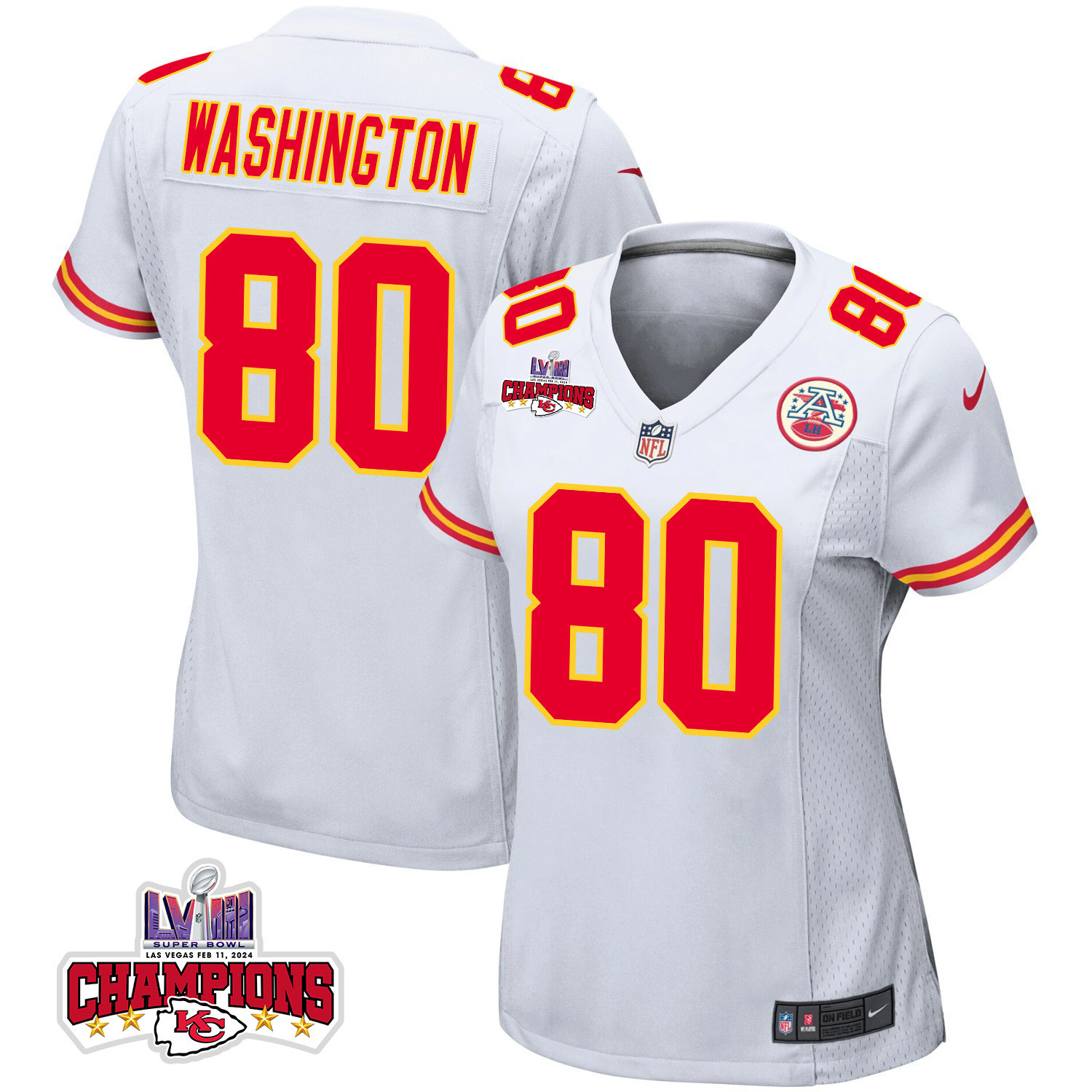 Montrell Washington 80 Kansas City Chiefs Super Bowl LVIII Champions 4 Stars Patch Game Women Jersey - White JS8864 nicesnker