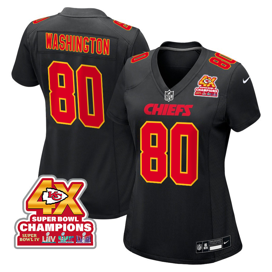 Montrell Washington 80 Kansas City Chiefs Super Bowl LVIII Champions 4X Fashion Game Women Jersey - Carbon Black JS9660 nicesnker