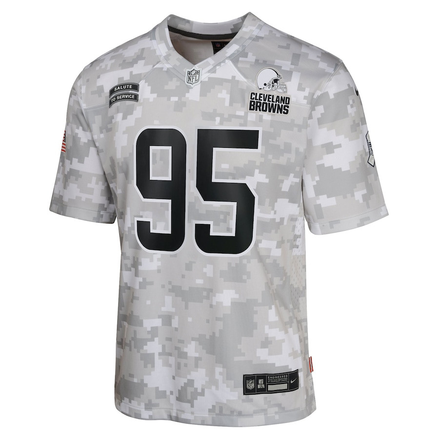 Alternative view of Myles Garrett 95 Cleveland Browns 2024 Salute to Service Game YOUTH Jersey - Arctic Camo JS6091 nicesnker