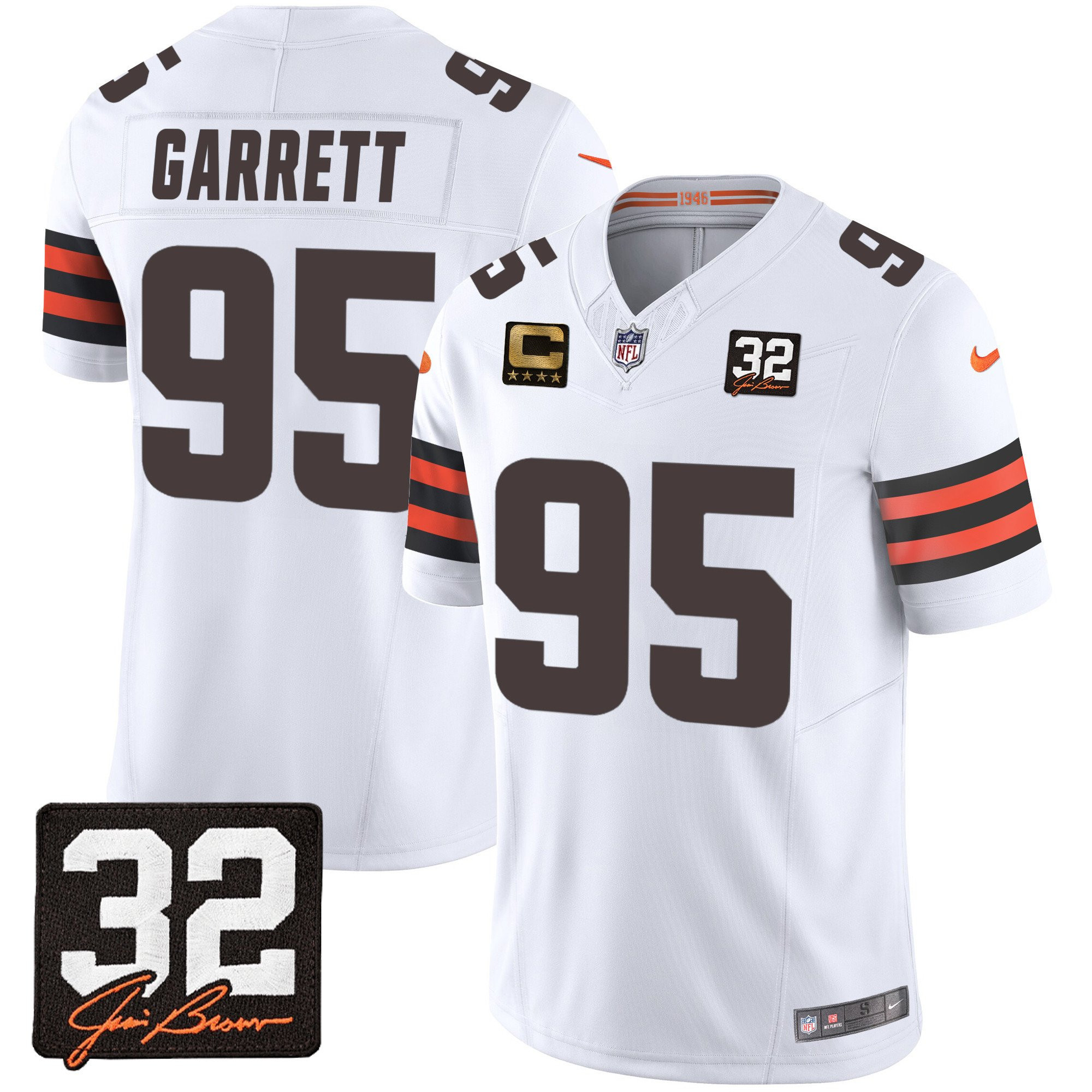 Myles Garrett 95 Cleveland Browns Jim Brown Memorial Patch Game Men Jersey - White JS5101 nicesnker