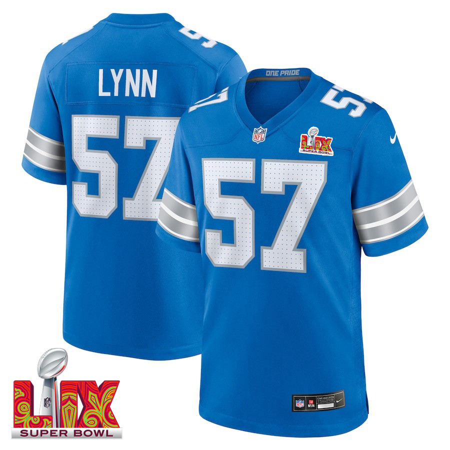 Nate Lynn #57 Detroit Lions Super Bowl LIX Jersey - Men's - Blue JS1123 nicesnker