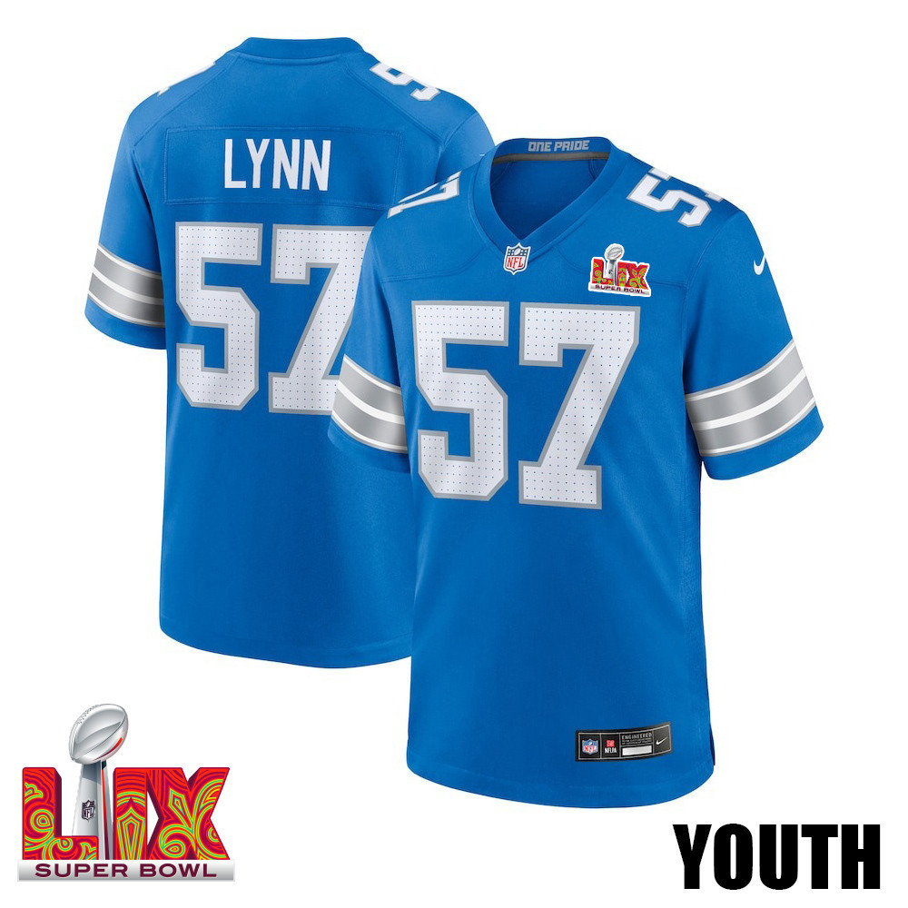 Nate Lynn #57 Detroit Lions Super Bowl LIX YOUTH Jersey - Blue JS9559 nicesnker