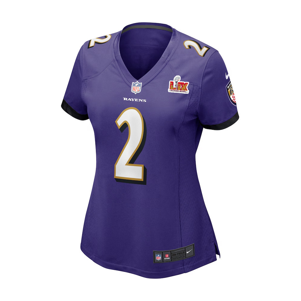 Alternative view of Nate Wiggins #2 Baltimore Ravens Super Bowl LIX Women's Jersey - Purple JS7767 nicesnker