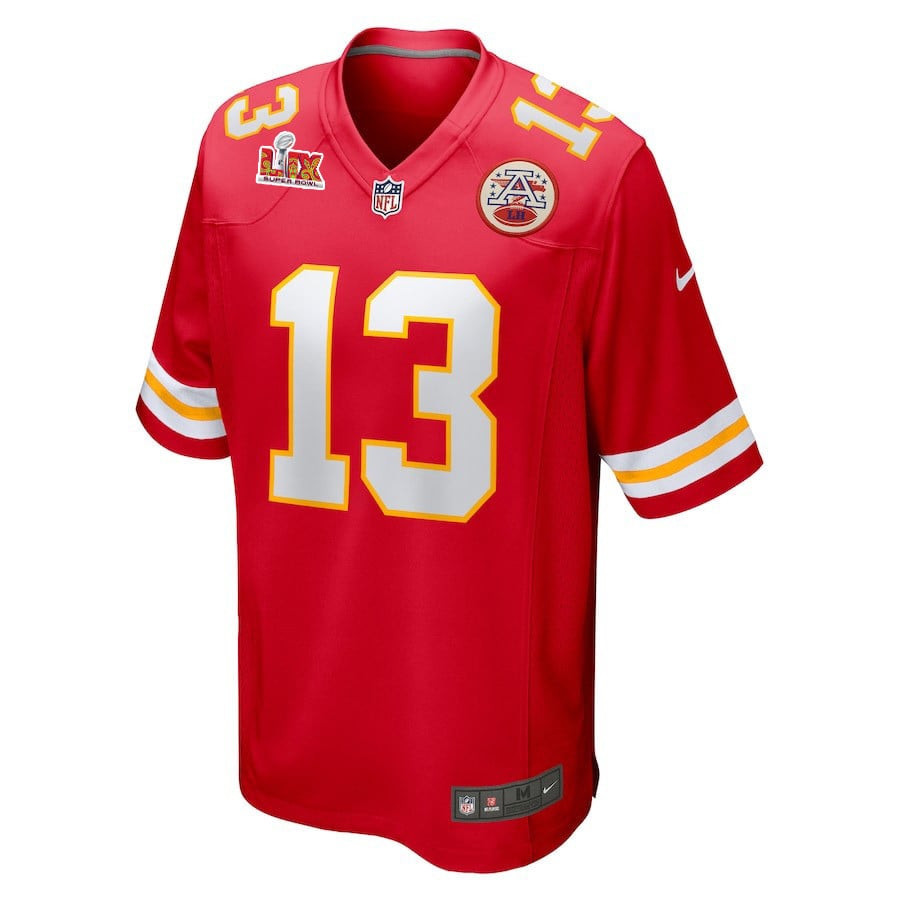 Alternative view of Nazeeh Johnson #13 Kansas City Chiefs Super Bowl LIX Jersey - Men's - Red JS8694 nicesnker