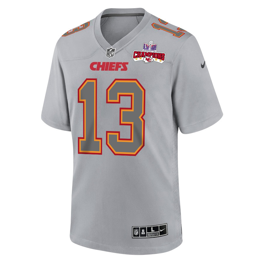 Alternative view of Nazeeh Johnson 13 Kansas City Chiefs Super Bowl LVIII Champions 4 Stars Patch Atmosphere Fashion Game Men Jersey - Gray JS9598 nicesnker