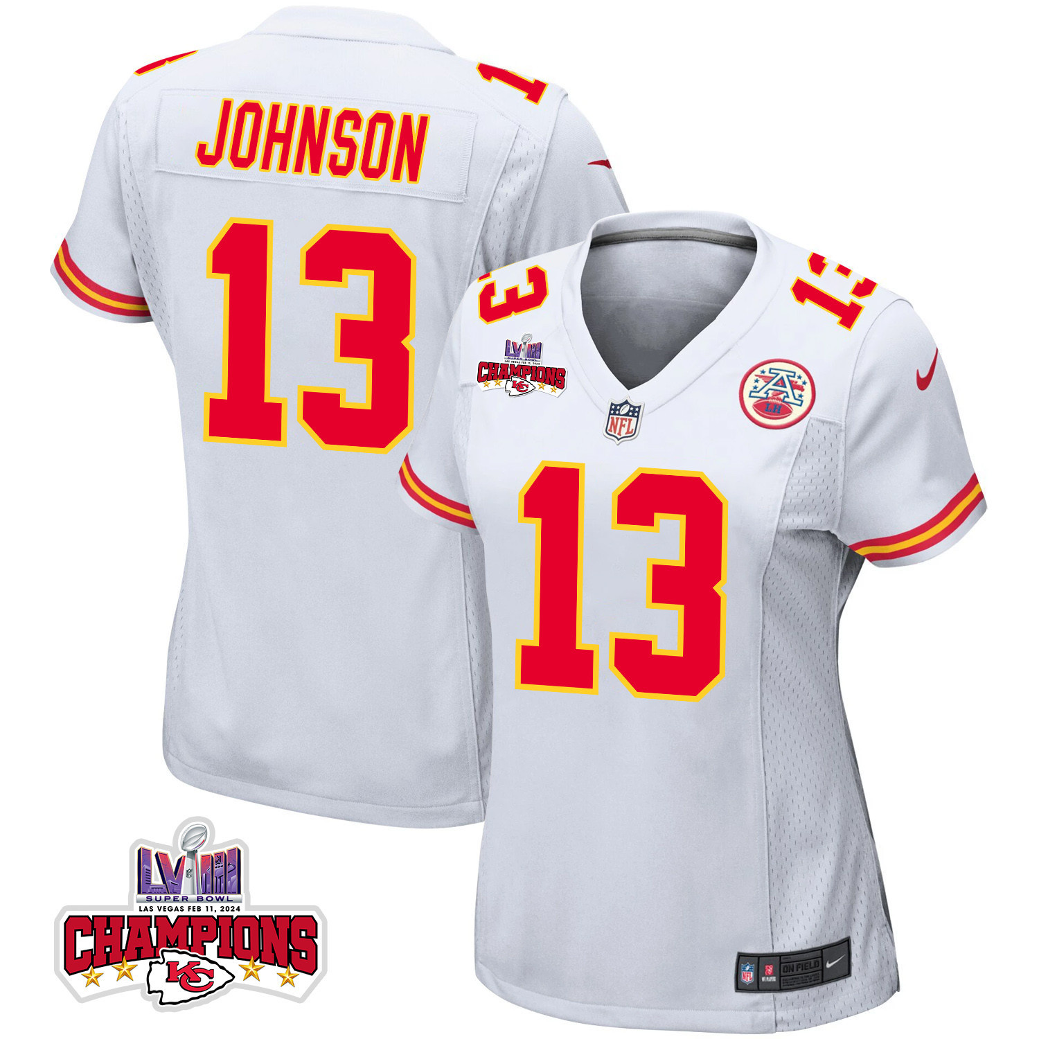 Nazeeh Johnson 13 Kansas City Chiefs Super Bowl LVIII Champions 4 Stars Patch Game Women Jersey - White JS2644 nicesnker